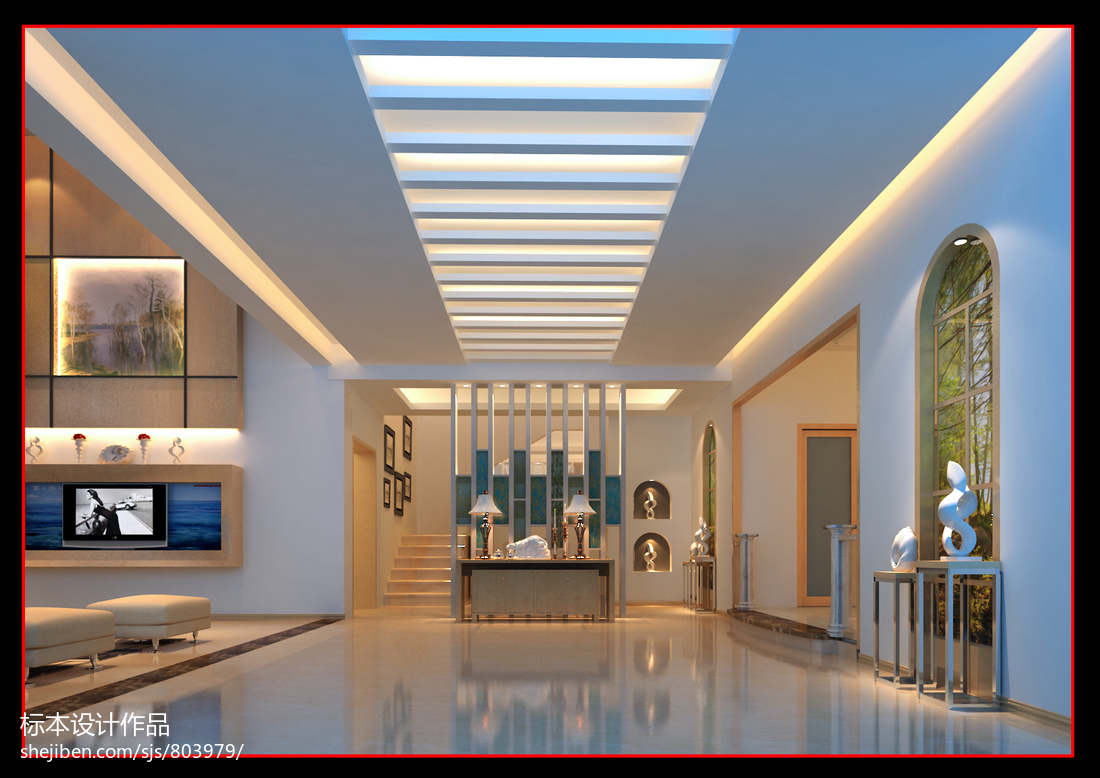 石碣麗景豪庭劉總別墅_東南亞風格玄關淺藍色吊頂白色燈帶裝修效果圖大全2013圖片 &ndash; 設計本裝修效果圖