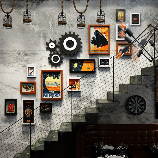 工業(yè)風餐廳樓梯墻面裝飾復古酒吧飯店走廊過道背景墻齒輪墻壁掛件